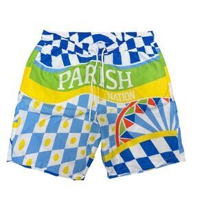 Parish Nation Mens XL Swim Trunks Blue Yellow Geometric Graphic Mesh Shorts